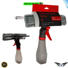 Limpa Vidros Spray 3 em 1 Lava Limpa Seca Multiuso Com Pano de Microfibra MOP Rodo Borrifador 240ml