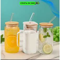 Kit 2 Canecas Vidro Tampa de Bambu Canudo Borossilicato Copo Drink Café Iced Coffee Premium 600ml 300ml