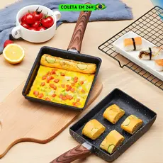 Frigideira Japonesa Tamagoyaki Antiaderente Granito Quadrada Cabo Madeira Omeleteira Gourmet Premium