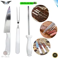 Kit Churrasco 3 Peças Garfo Faca Chaira Profissional Conjunto Aço Com Cabo Branco Inox Premium