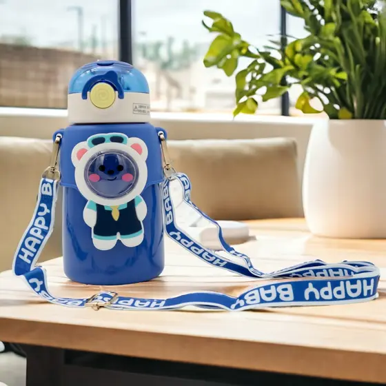 Garrafa Térmica Infantil Canudo de Silicone Aço Inox 500ml Quente ou Frio Tema Bichinhos Com Alça e Trava de Segurança Com Copa Isolada EL-2015 + BRINDE