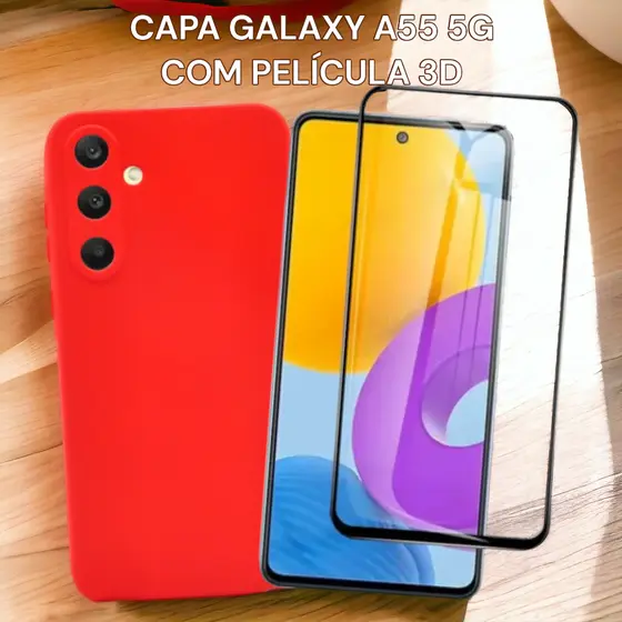 Capa Silicone Interior Aveludada Modelo Galaxy A55 5G Com Película 3D
