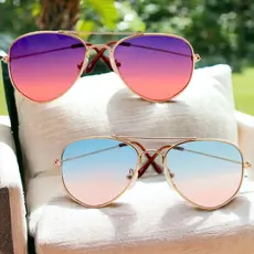 Óculos Feminino e Masculino Infantil Estilo Aviador Alça Dourada e Lente Colorida Kids