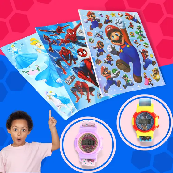 Relógio Infantil Personagens Metalizados + Adesivos Sticker Infantis Personagens Variados