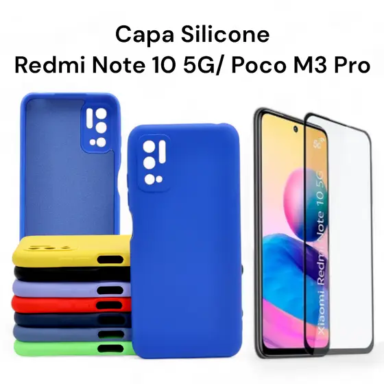 Capa De Silicone Interior Aveludada Redmi Note 10 5G/ Poco M3 Pro Com Película de Vidro 3D