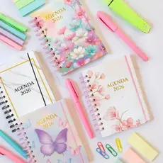Agenda 2026 e 2027 Espiral Diária Planner Colorida Estampado 19cmx13,5cm Feminina Calendário Borboleta 168 Folhas