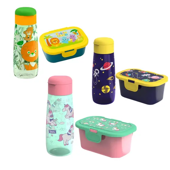 kit infantil organizador de lancheira escola passeio garrafinha 350ml e pote 350ml meninas unicórnio