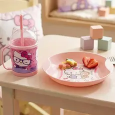 Kit Refeição Prato Tigela Decorado Infantil E Caneca Copo Com Tampa Canudo E Alça Hello Kitty Kuromi