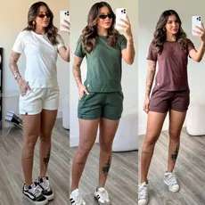 kit 3 conjunto feminino short feminino de moletom camiseta básica feminina blusa mais short de bolso blusa gola o
