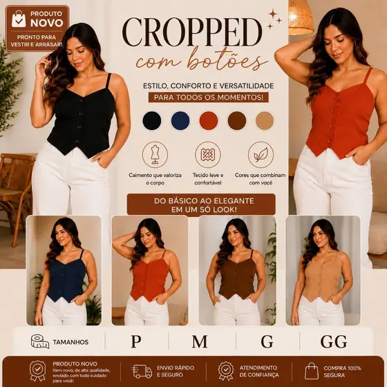 Cropped Feminino Alfaiataria Alça Fina Botões Decorativos Elegante Casual