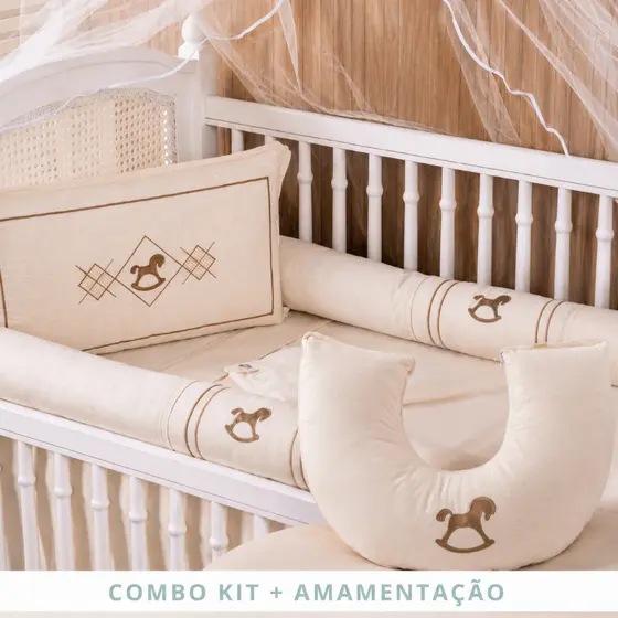Kit Berço Luxo Linho Cavalinho Menino Menina 100% Algodão + Almofada Amamentação Luxo