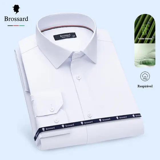 Camisa Social Masculina Slim - Manga Longa BROSSARD Não Amassa e Respirável Tecido de Fibra de Bambu
