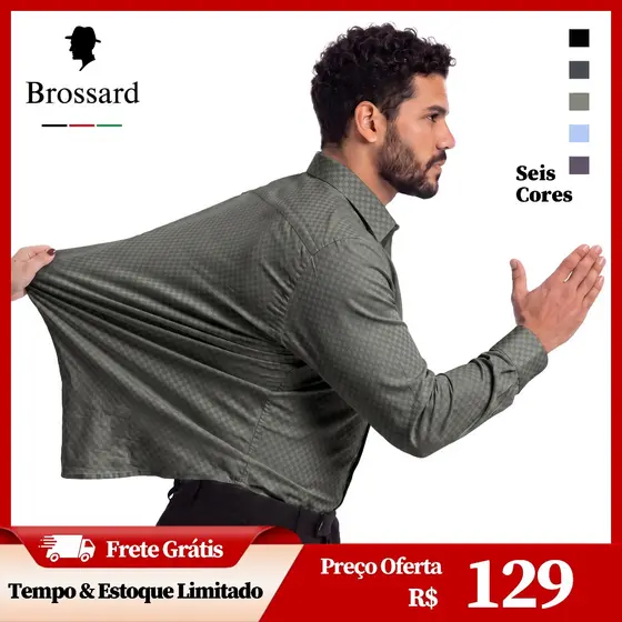 Camisa Social Masculina Slim Fit Elastano e Não Amassa, Blusa Manga Longa Xadrez Malha Moda Premium