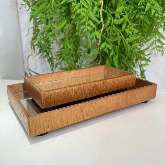 KIT BANDEJA DE MADEIRA P/G RETANGULAR ESCURA  Decorativa Espelho Decoração Aconchegante Organizadora