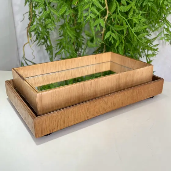KIT BANDEJA DE MADEIRA M/G RETANGULAR ESCURA  Decorativa Espelho Decoração Aconchegante Organizadora