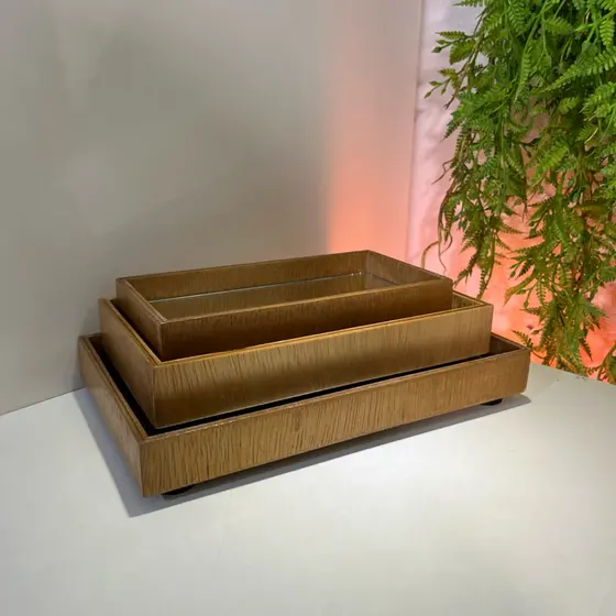TRIO BANDEJA DE MADEIRA RETANGULAR ESCURA - Decorativa Espelho Decoração Aconchegante Organizadora
