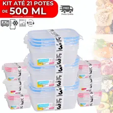 Kit até 21 Potes 500ml Hermético Pote Com Tampa 4 Travas Alta Vedação Não Vaza Marmitas Fitness