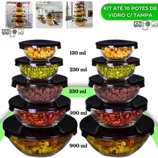 Kit até 10 Potes de Vidro Hermético com Tampa Redondo Tigela Micro-ondas Freezer Marmita Empilhável