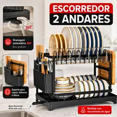 Escorredor de Louça Inoxidável 2 Andares Rack Drenagem Automática Bandeja 360º Organizador Pia Prato