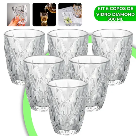 Jogo 6 Copos Diamond 300ml Vidro Grosso Diamante Luxo Resistente Transparente Elegante Moderno