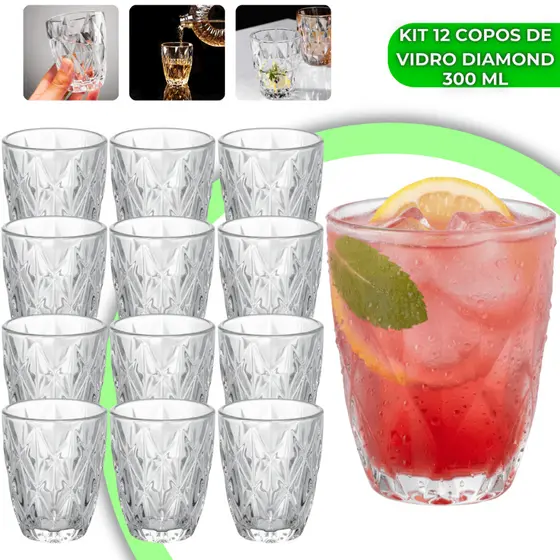 Jogo 12 Copos Diamond 300ml Vidro Grosso Diamante Luxo Resistente Transparente Elegante Moderno