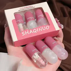 Kit de Brilho Labial Water Gloss, 3 Peças, Hidratante Duradouro, Balm e Reparador Labial, Copo Antiaderente.