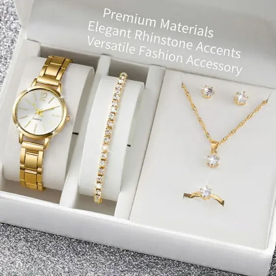 Conjunto De Relógios Femininos De 6 Peças , De Quartzo Com Pulseira De Liga Unissex Da Moda Rovga Strass , Joias (Sem Ca