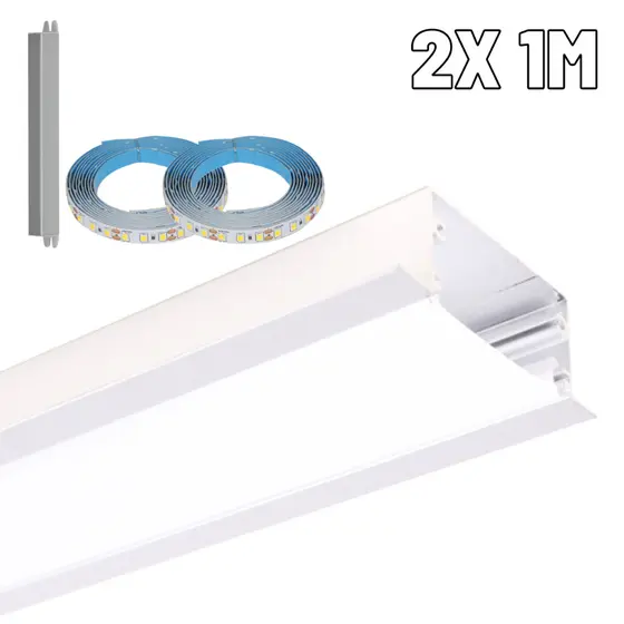 Perfil de LED 40mm Embutir Gesso Branco Kit 2x1m c/ Fita LED 3000K Alumínio – Spero Ilunato