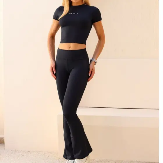 Conjunto Fitness Cal莽a Bailarina Academia Top Baby Look Poliamida Premium Zero Transpar锚ncia Cal莽a Flare Academia