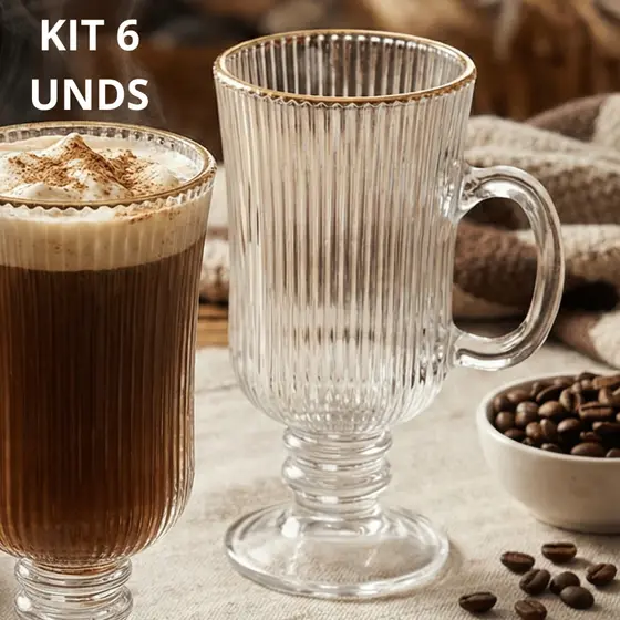 Conjunto 2/4/6 Canecas Irish Canelado Xícara 220ml Filete Dourado café vidro cappuccino Nespresso