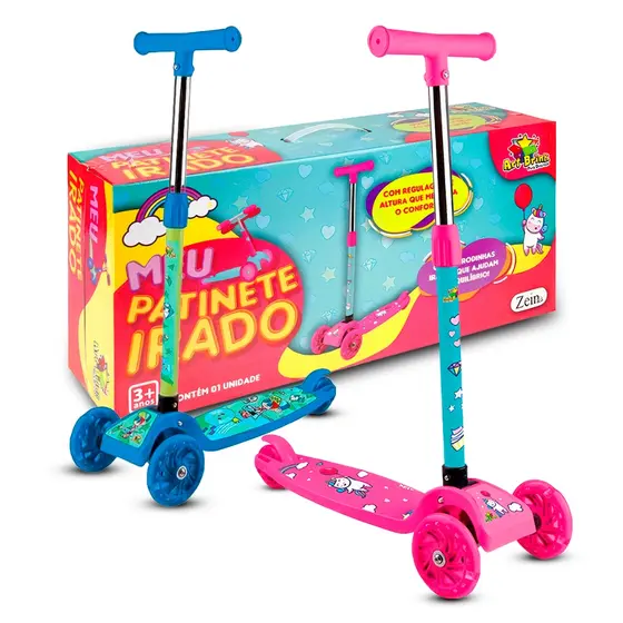 Patinete Infantil 3 Rodinhas Com Luz Led Ajustavel Altura Menino Menina Ate 40kg Unicornio Azul Presente