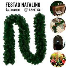 Festão Verde  Aramado Grosso  Luxo 270cm - 300 Galhos  Festão 2.70 metros com 300 galhos para Decoração festa de natal