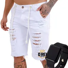 Bermuda Jeans Branca Rasgada Ano Novo + Relógio Digital Led Preto