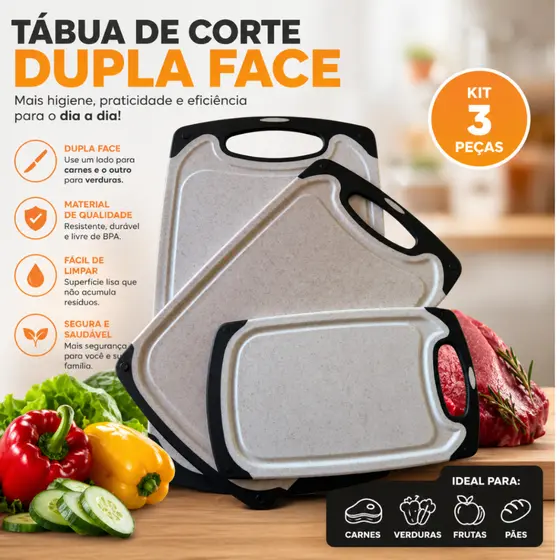 Conjunto 3 Tabuas Multiuso Polipropileno Tabua Corte Bege Carnes Legumes Vegetais Frutas Queijo