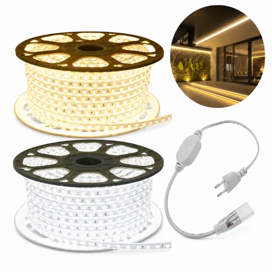 Fita Mangueira LED 5050 Branco Frio ou Quente 110V/220V Com Rabicho 11 a 20 Metros