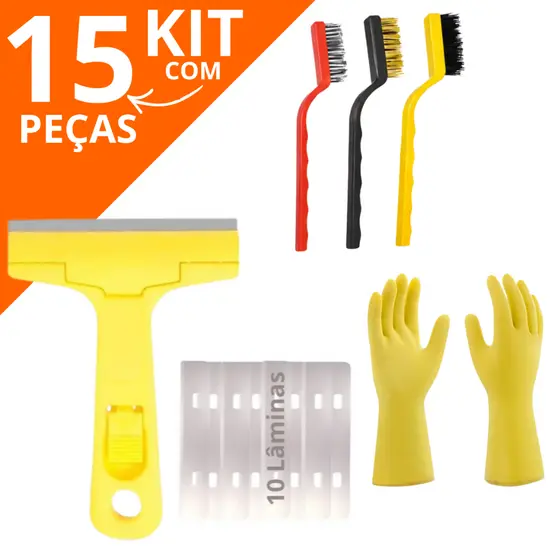 Kit Limpeza Profissional 15 Peças Multiuso 3 Escovas Aço Latão Raspador Box 6 Lâminas e Luva
