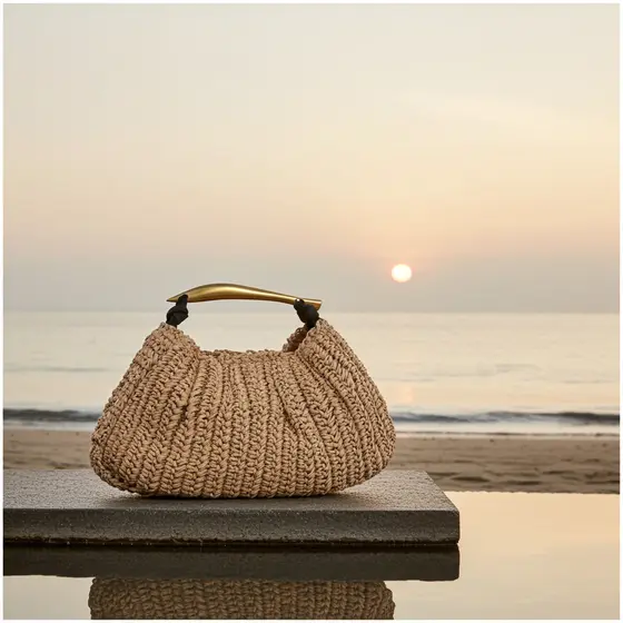 Bolsa de Ráfia Feminina – Modelo com Alça Dourada Rígida