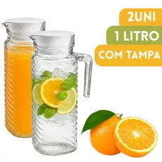 1 ou 2 Jarra de Vidro Suco Suqueira 1 Litro com Tampa Suiça Alça Transparente