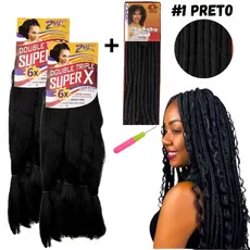 Kit 2 Cabelo Jumbo Super X + Nina Softex E Agulha Tranças Box Braids Cachos Gypsy Crochet