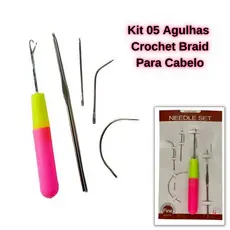Kit 5 Agulhas Para Cabelo Entrelace Crochet Braids Fio A Fio Ponto Americano Com Gancho Mega Hair