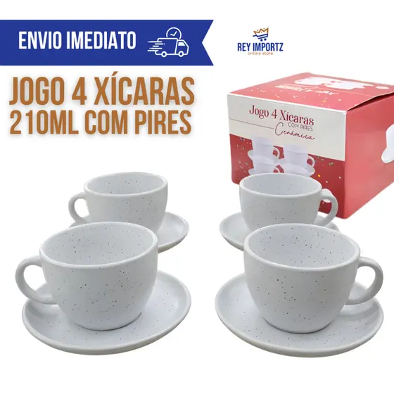 Jogo 4 Xícaras Chá Café 210ml com Pires Cerâmica branco Moderna Mesa Posta Cappuccino Cafeteria