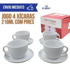 Jogo 4 Xícaras Chá Café 210ml com Pires Cerâmica branco Moderna Mesa Posta Cappuccino Cafeteria