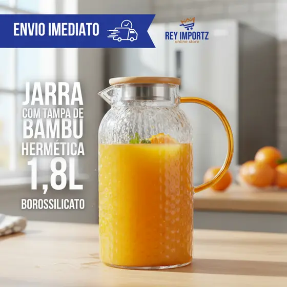 Jarra De Vidro Com Tampa De Bambu Para Servir Suco Água chá 1800 ml resistente a calor