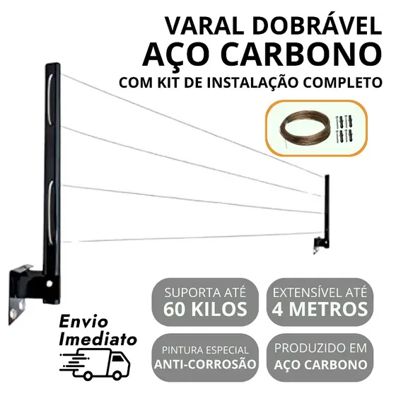 Varal De Roupa De Parede Retrátil Dobrável Em Aço Reforçado + Kit Instalação