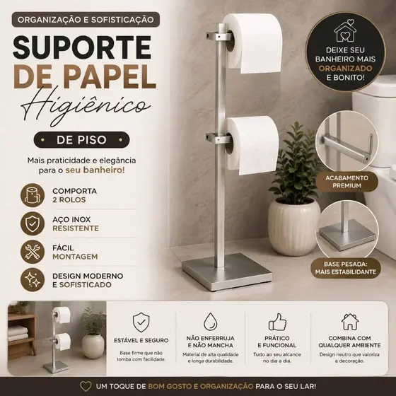 Suporte Porta Papel Higiênico De Chão Para 2 Rolos Banheiro Lavabo Moderno Preto Prata Dourado