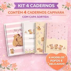 kit com 4 cadernos capivara capa dura estampa sortida espiral 80 páginas para meninas 1 matéria universitário p/ escola