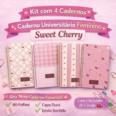 kit com 04 Cadernos Universitário Sweet Cherry Estampa cereja Capa Dura 80 Folhas Espiral Feminino Sortido