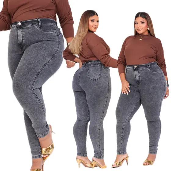 Calça Jeans Feminino Plus Size Marmorizada Cintura Alta Modelagem Levanta Bumbum Com Lycra Strech E Elastano Premium