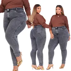 Calça Jeans Feminino Plus Size Marmorizada Cintura Alta Modelagem Levanta Bumbum Com Lycra Strech E Elastano Premium