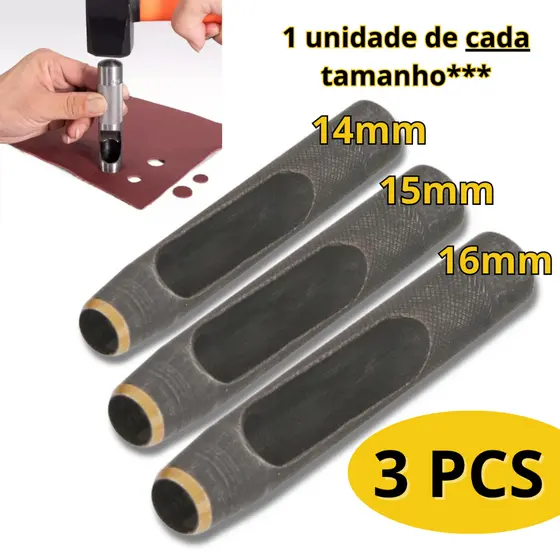 Kit 3 Furador 14,15,16mm Couro Vazador Perfurador Aço Vonder